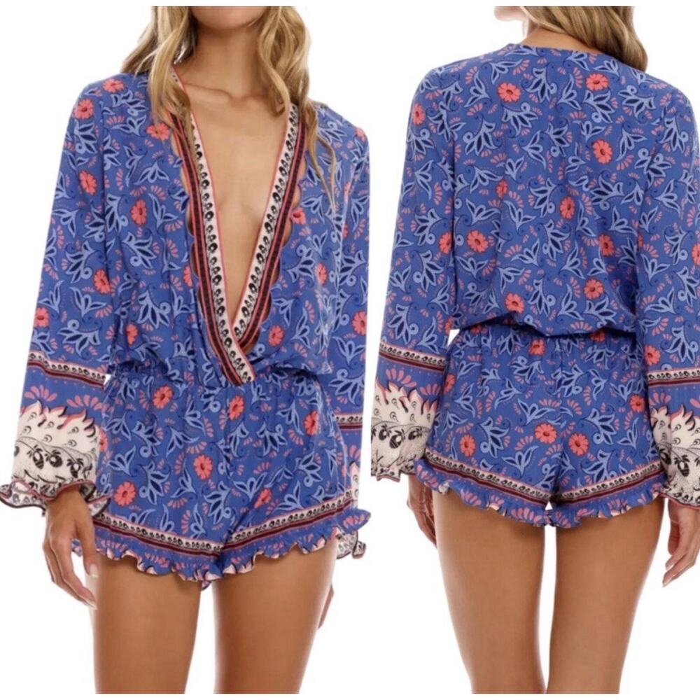 Agua Bendita Larissa Blue Floral Romper Long Sleeve Large Boho Festival Ac8